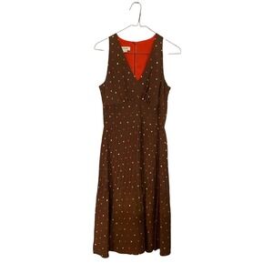 Kay Unger Shirt Dress Silk Womens 4 Fit & Flare Brown Multi Polka Dots Pleated